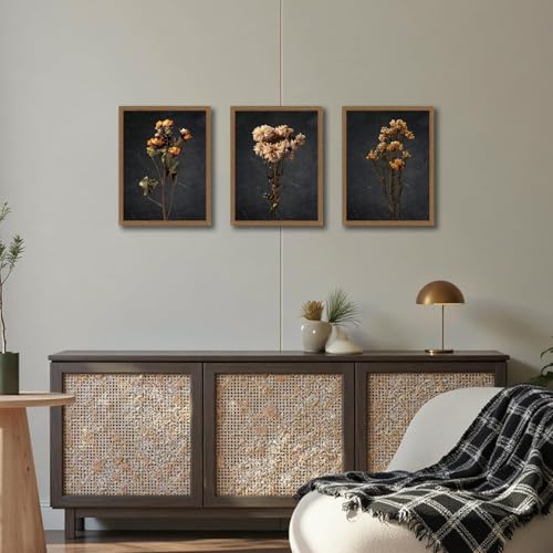 3Pcs Framed Vintage Wall Art Prints, Retro Moody Floral Botanical Canvas Painting Farmhouse Decor, Black Dark Classical Flower Wall Art for Bathroom, Bedroom, Living Room, Gallery,12x16in - color: Vintage Dried Flower Wall Art, size: 12x16 Inches