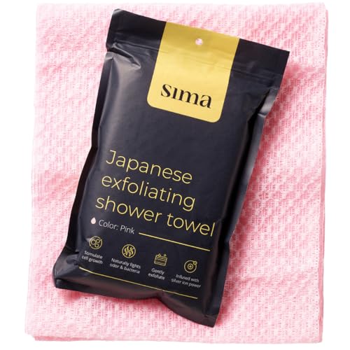 Sima Brand Exfoliating Washcloth Face & Body Scrub Towel - Japanese Exfoliating Towel with Hexagon Fibers, Body Scrubber with 2 Sides for Scrubbing & Washing, Extra Long Body Towels (Pink) - color: Pink