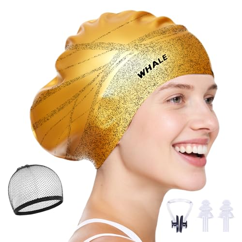 WHALE Extra Large Swim Cap Designed for Men and Women with Thick, Long Hair, Hair Extensions Or Afro-Textured Hair Long-Hair Swim Cap Highly Waterproof to Keep Hair Dry - color: Gold