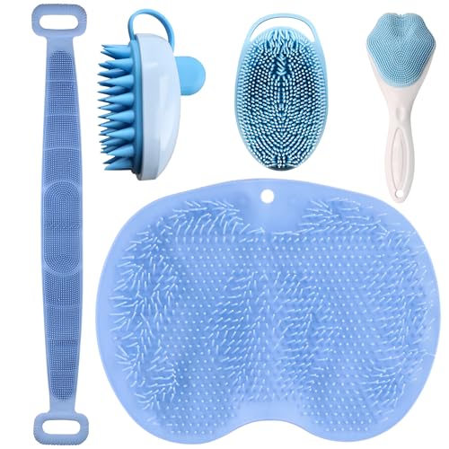 5 PCS Silicone Loofah Body Scrubber Care Set – Back Scrubber, Face Brush, Foot Scrubber, Shampoo & Scalp Brush, Silicone Body Scrubber with Handle (Blue)