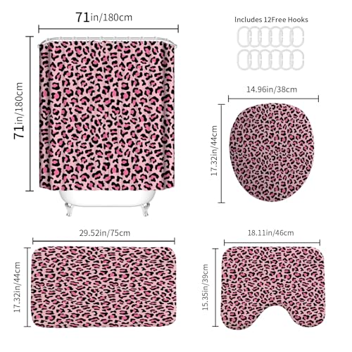 4 PCS Leopard Shower Curtain Cheetah Print Shower Curtain Sets Non Slip Bathroom Rugs Soft Plush Bath Mat Toilet Lid Cover Animal Print Shower Curtains with 12 Hooks for Bathroom Tub, Pink - color: Pink