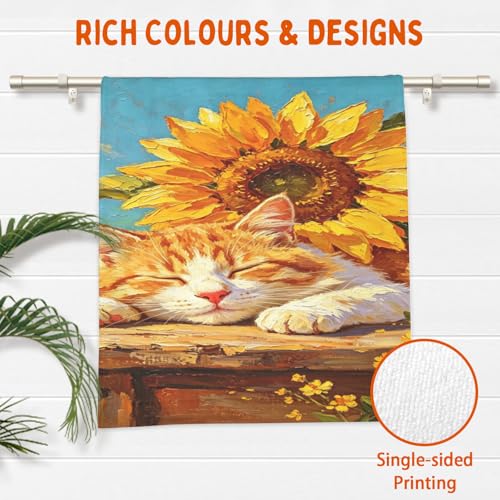 Yellow Sunflower Cat Hand Towels for Bathroom 14.4x28.3 Inch Set of 2 | Yellow Floral，Polyester Cotton，Soft，Breathable，Skin-Friendly，for Holiday Kitchen Hotel Swimming Gym Spa Decor - color: Cat Yellow
