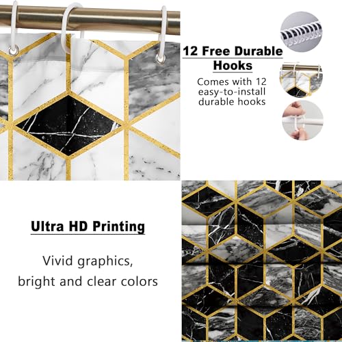 Poedist 4 Pcs Bathroom Shower Curtain Set, Honeycomb Marble Bathroom Sets with Rugs(Bath Mat,U Shape and Toilet Lid Cover Mat) and 12 Durable Hooks - color: Black White