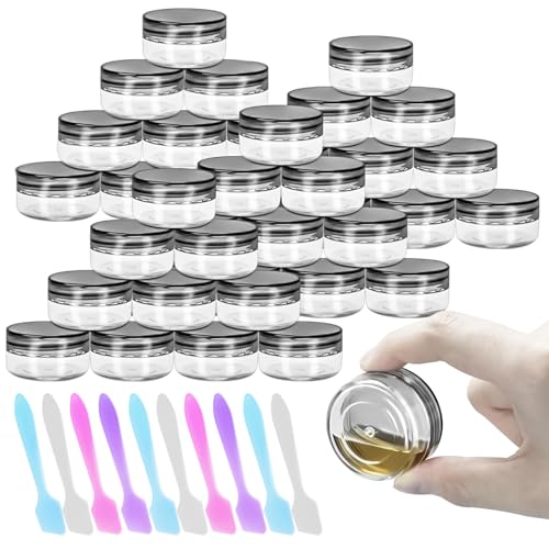 50 Pack 10g Plastic Jars with Lids, 10ml Round Clear Cosmetic Containers Makeup Jars, 10gram Travel Size Container Jar with Spatulas for Makeup Sample Lotion Cream Ointment Salve Balm Powder - color: Black, size: 10g