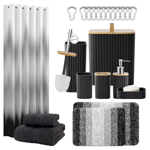 Bathroom Accessories Set - Bathroom Set with Shower Curtain and No Slip Rugs, Trash Can, Toilet Brush Holder Set, Soap Dispenser & Bath Towels - Stylish Bath Decor for Home, Apartment, Black, 25PCS - color: Black