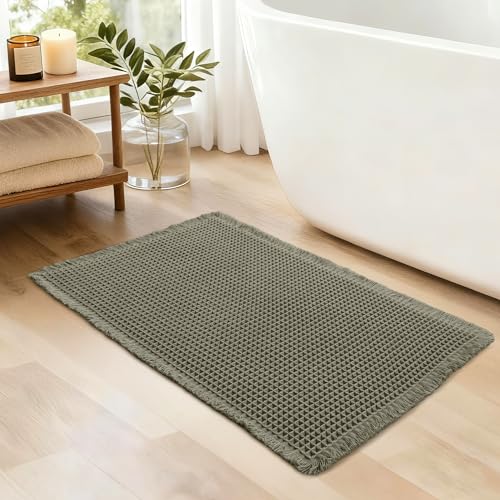 JIUZHEN Upgraded Waffle Bath Mat Non Slip Bath Rug with Rubber Backing Machine Washable Bathroom Mats with Tassels Super Absorbent Quick-Drying Waffle Mat for Bathroom, 20" x 32", Olive Green - color: Olive Green, size: 1'8" x 2'8" (Rectangular)