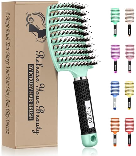 KTKUDY Detangling Brush Boar Bristles HairBrush Make Hair Shiny & Healthier Curved and Vented Detangler Brush for Women Men Kids Wet and Dry Hair (Turquoise) - color: Turquoise