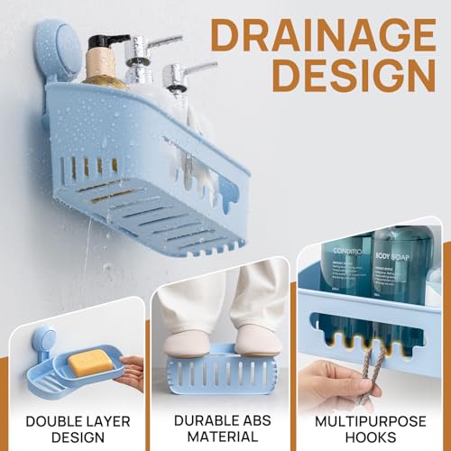 LEVERLOC Shower Caddy Suction Cup Set Shower Organizer & Soap Holder & Toothbrush Holder, Bathroom Shelf Basket NO-Drilling, Removable Suction Storage Waterproof Bathroom Holder, Blue - color: 3 × Blue