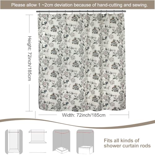 Vintage Floral Linen Shower Curtain - Neutrall Traditional Floral Branches Print Patternl in Sage and Brown ,Botanical Boho Shower Curtain Set for Rustic Farmhouse Country Bathroom Decor 72x72 Inch - color: Indian Flower Branches