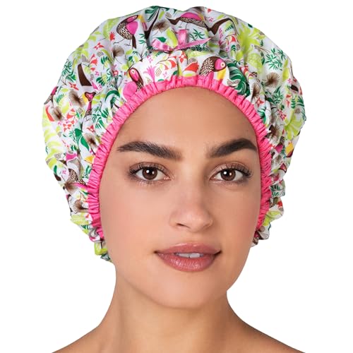 Reusable Bath & Shower Cap Lined, Oversized Waterproof Shower Caps Large Designed for all Hair Lengths with PEVA Lining & Elastic Band Stretch Hem Hair Hat - Fashionista Tropical - color: Tropical
