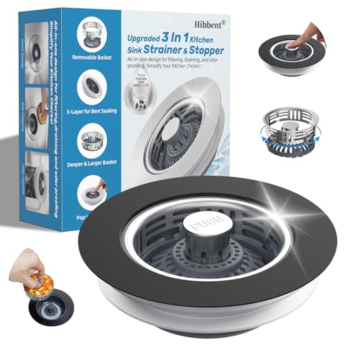 Hibbent Upgraded 3 in 1 Kitchen Sink Drain Strainer, Stainless Steel Pop Up Sink Stopper, Larger Anti-Clogging Basket, 3-Layer Seal, Detachable Drain Plug for US Standard 3-1/2" Drain, Matte Black - color: Matte Black