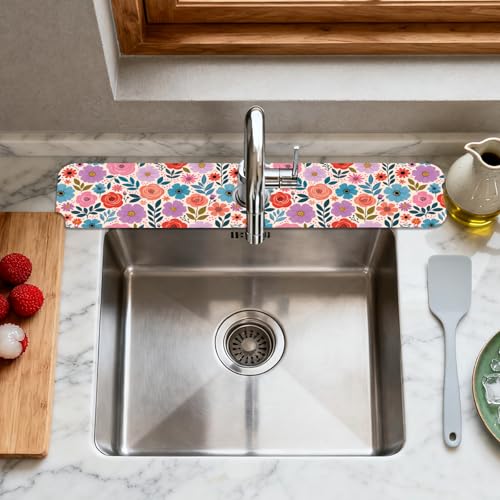 2 Pcs Kitchen Sink Splash Guard Faucet Mat Colorful Spring Flowers Faucet Mat for Sinks Absorbing Drying Mats for Kitchen Bathroom, 23.6x5.5inch - color: Spring Flowers