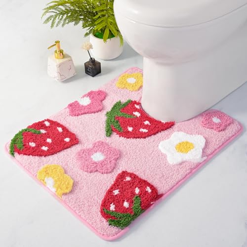Anybar U-Shaped Toilet Rug 20x24'' - Super Soft Absorbent Bathroom Mat with Cute Strawberry & Flower Design, Non-Slip Quick-Dry Washable Contour Rug for Toilet, Bath Mats for Bathroom Decor（Pink） - color: Pink, size: 1'8" x 2' (U-Shape)