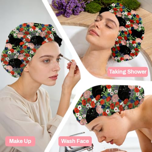 Black Cat Reusable Shower Cap Flower Double Layer Waterproof Shower Caps Large Elastic Hair Cover Adjustable Hair - Drying Caps for Woman Man Bath SPA Travel One Size Fits Most - color: Black Cat