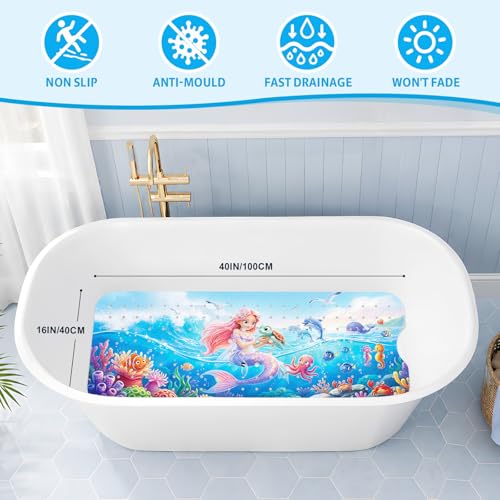XIYUNTE Baby Bath Mat for Tub Non Slip Kids, BPA Free Extra Long Bathtub Mat 40x16 with Drain Holes and 200 Suction Cups, Non Toxic Machine Washable Toddler Bath Mat, Eco-Friendly Certified - color: Pink Mermaid
