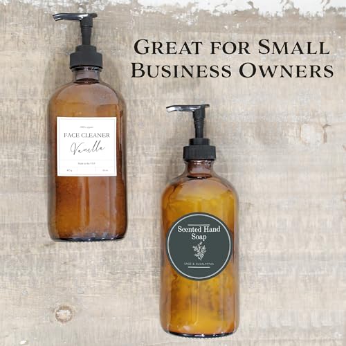Cornucopia Brands 16oz Amber Glass Bottles w/ Pump Dispensers (2-Pack); Refillable Lotion Liquid Soap Pump Brown Bottles Labels, BPA-Free Plastic Tops