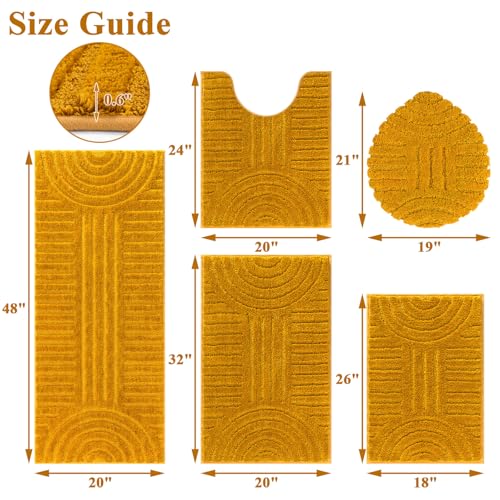 SHACOS Bathroom Rugs Sets 5 Piece Ultra Soft Absorbent Microfiber | Bath Mat with Bath Runner, U Shape Contour Rug, Toilet Lid Cover, Non Slip Machine Washable Carpet for Bedroom, Honey Mustard - color: Honey Mustard