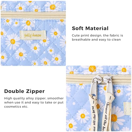 HBselect Quilted Makeup Bag, 3PCS Cotton Large Travel Makeup Bag, Cute Floral Coquette Make up Bag Cosmetic Bag Toiletry Bag for Women Girls - color: A-3PCS-Daisy