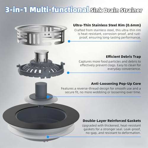 Hibbent Upgraded 3 in 1 Kitchen Sink Drain Strainer, Stainless Steel Pop Up Sink Stopper, Larger Anti-Clogging Basket, 3-Layer Seal, Detachable Drain Plug for US Standard 3-1/2" Drain, Matte Black - color: Matte Black