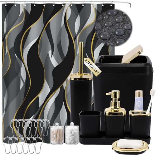 XLHOMO Black Bathroom Set, Bathroom Sets with Stripe Shower Curtain, Black and Gold Bathroom Accessories with Trash Can, Soap Dispenser, Soap Dish, Toilet Brush Holder, Qtip Holders for Bathroom - color: Stripe Black & Gold, size: Complete Set