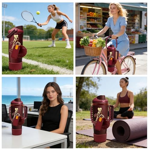 Compatible for Owala Accessories Bundle: Silicone Boot for FreeSip Sway 30oz & 40oz Bottles, Charms, Pearl Handle Strap, Rubber Bottom & Decorative Add-ons - color: Black cherry