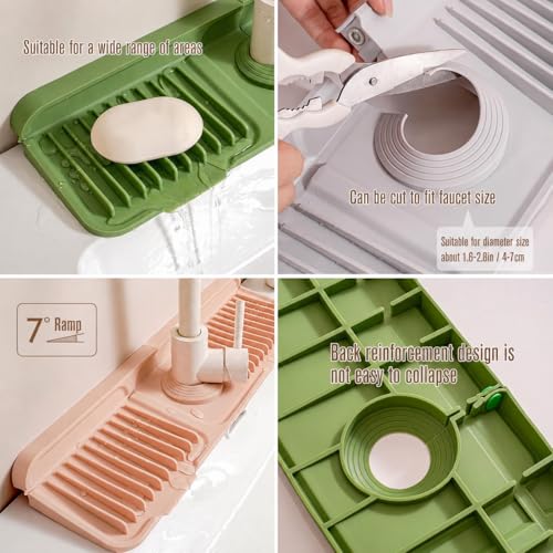 17" Silicone Faucet Handle Drip Catcher Tray,7° Sloped Self Draining Mat with Snap-on Design & Soap Holder, Sink Splash Guard for Kitchen & Bathroom, Trim-to-Fit Opening - color: Pink, size: 17" x 5.5"