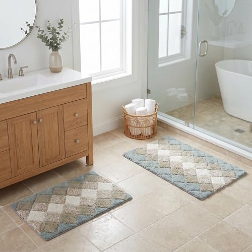 THE BEER VALLEY Set of 2 Albany Bath Rug 21x32/17x24 Inch - Grey Beige | Non Slip Cotton Absorbent Bathmat for Bathroom, Washable Soft Toilet Bathrug - color: Grey Beige