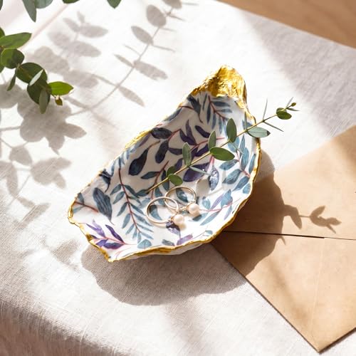 Natural Oyster Ring Trinket Dish Vintage Jewelry Tray for Keys Small Jewelry Holder for Bridal Shower Favors Friends Sisters Daughter Mother Gift Seaside Decor(Leaf Pattern) - style: Leaf Pattern