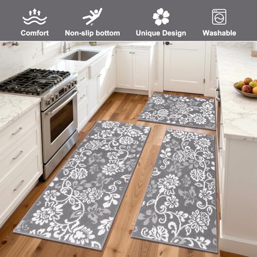 LOKHOM Boho Kitchen Rugs Sets of 3, Non Slip High-Low Textured Kitchen Mats for Floor with Rubber Backing, Paisley Floral Washable Carpet Runner for Hallways Entryway Laundry Sink (Grey & White) - color: Grey, size: 24"x35"+24"x48"+24"x60"