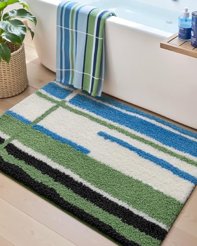 DEXI Striped Bath Mats for Bathroom 24x16, Washable Absorbent Bathroom Rugs with Non Slip Backing, Extra Soft Plush Microfiber Shower Rugs for Tub, Floor, Sink, Blue and Green - color: Green and Blue, size: 24" X 16" (Rectangular)