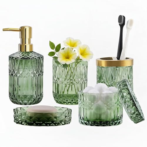 LaMarriti Green Bathroom Accessories Set, 6 Pcs Clear Glass Bathroom Set, Soap Dispenser, Soap Dish, Toothbrush Holder, Tumbler, Q-Tips Holder for Vintage Crystal Bathroom Decor, Gift Set - style: Green