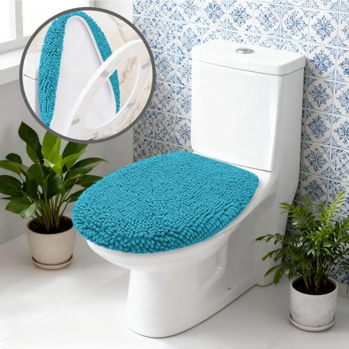 RUN HELIX Bathroom Toilet Lid Cover,Chenille Machine Washable Seat Covers, 17.5x15, Stays in Place Rubber Backing, Fits Most Round, Elongated and Oblong Lids, Accessories Decor,Teal - color: Teal Blue, size: Lid 17.5"x15"