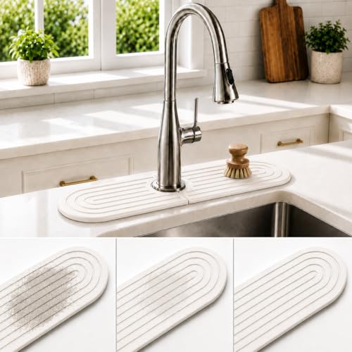 Self-Drying Stone Tray For Kitchen Sink,15.7" Water Absorbing Natura Diatomite Faucet Mat,Splash Organizer For Soap Dispenser,Sponge & Brush,Bathroom Vanity Rv Countertop Protector (white-Oval) - color: White-Oval, size: 15.7" x 4"