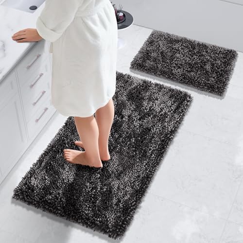 Yimobra Bathroom Rug Set 2 Piece, Luxury Shaggy Bath Mat Set with Non Slip Backing, Ultra Soft & Absorbent Mats for Bathroom Floor, Machine Washable, 44"x24"+24"x17", Dark Grey - color: Dark Grey, size: 24x17 + 44x24 Inch