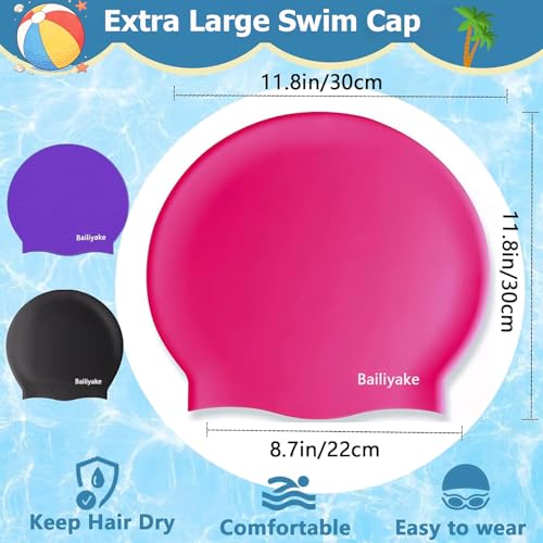 3 Pack Extra Large Swim Cap for Braids & Dreadlocks - Waterproof Silicone Swim Hat for Women with Long Thick Hair, Protective Swim Cap Cover Ears for Swimming, Shower, Bathing - color: Black+Pink+Purple