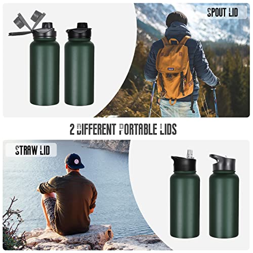 32 oz Insulated Water Bottle with Straw Lid & Wide Mouth Lids, Stainless Steel Sports Water Bottles, Double Walled Vacuum, Leak Proof, Dark Green - color: Dark Green, size: 32 Ounces