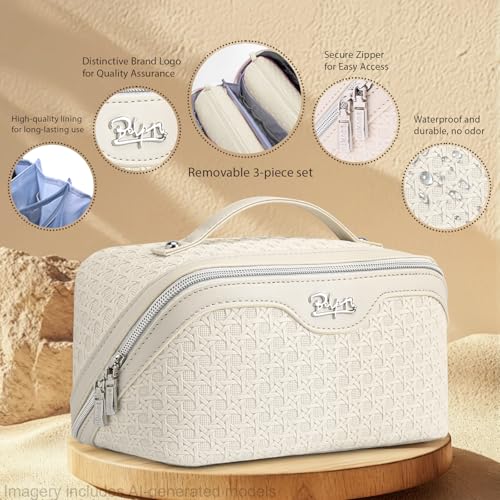 BOYATU Travel Makeup Bag Cosmetic Bags for Women: Large Capacity 3 Pcs Set Make up Bag with Compartments - Waterproof Vegan Leather Toiletry Organizer Bags with Handle (M-72Off-white) - color: M-72Off-white