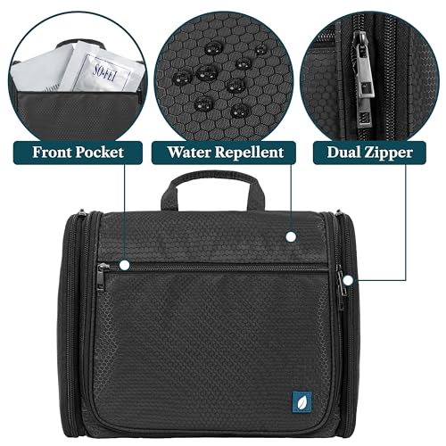 PAVILIA Large Hanging Toiletry Bag for Women Men, Travel Cosmetic Organizer with 10 Compartments, Swivel Hook and 3 Leakproof Pockets, Water Resistant Makeup Case, Packs Flat, Black - color: Black