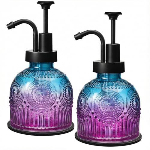 SheeChung 8Oz Vintage Glass Soap Dispenser Bathroom, Kitchen Dish Soap Dispenser with Pump, Refillable Hand Soap Dispenser, Antique Liquid Lotion Bottle, Farmhouse Decor (Purple Blue-Black Pump, 2Pcs) - color: Purple Gradient-black Pump-2 Pack