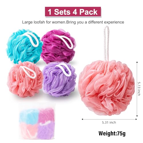 MTDLYICE Loofah for Women 75g 4 Pack, Bath Sponge Soft Mesh Shower Puff Loofah Sponge, Exfoliating Body Scrubber, lufas for Women, Shower Accessories (Purple Red Pink Blue) - style: 75g Vivacity