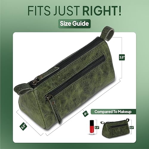 Leather Makeup Bag for Women – Genuine Leather Cosmetic Bag Travel, Handmade Zippered Makeup Pouch, Small Toiletry Bag, Shaving Kit & Stationery Organizer- Forest Green - color: Green