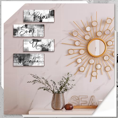 Maitys 4 Pcs Bathroom Wall Decor 10 x 4 Inch Bathroom Wall Art Contemporary Wood Restroom Pictures for Soak Unwind Relax Hanging Sign Spa Rustic Vintage Farmhouse Pediments(Black and White) - color: Black and White