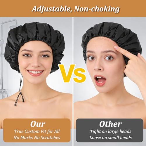 2-Pack Waterproof Shower Cap with 2 Hair Protection Bonnets - 13.4" Adjustable Terry Lined Bath Cap for Long Hair, Braids, Locs, Men & Women, Reusable Polyester Double Layer