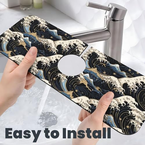 Japanese Wave Black 15" X 5.5" Kitchen Sink Splash Guard Faucet Faucet Guard Draining Mat Sink Splash Guard Faucet Kitchen Bathroom - color: Japanese Wave Black