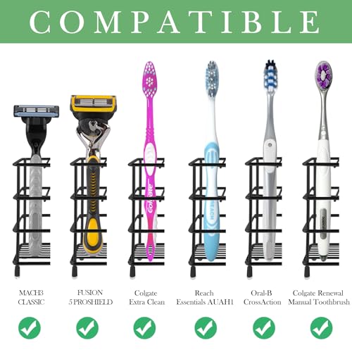 Linkidea Toothbrush Holder for Shower, Stainless Steel Brush Stand, Countertop/Wall Mount 3 Slots Organizer Compatible with Colgate Extra Clean, Oral-B CrossAction Manual Toothbrush (Black) - color: Black