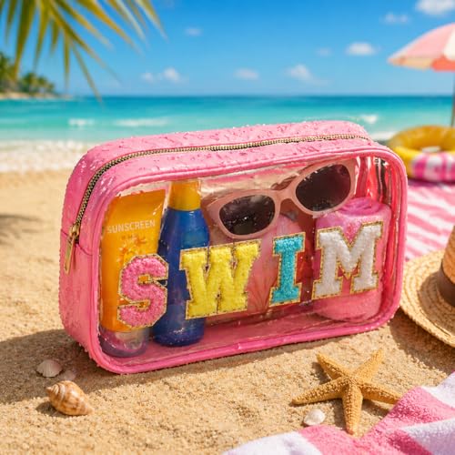 Sunscreen SPF Makeup Bag with SWIM Chenille Letters, Waterproof Clear Pink Cosmetic Bags for Women, Sunblock Organizer for Pool, Swim Team, Beach Travel Toiletry Sun Pouch - style: Pink-swim