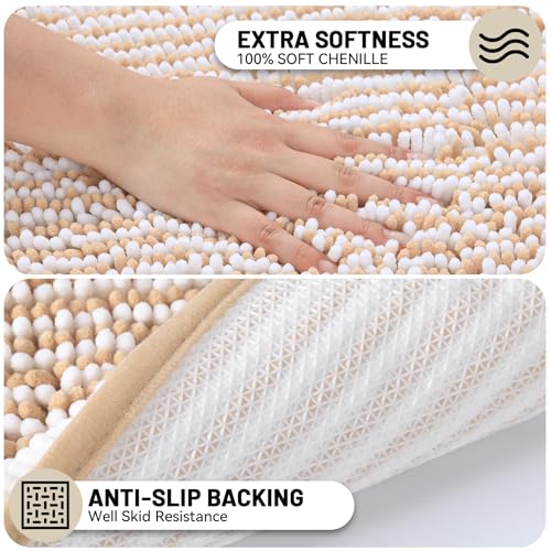 Chenille Bathroom Rugs Set 2 Piece, Absorbent Bath Rugs, Non-Slip Bath Mats, Machine Washable Rugs for Bathroom Floor, Tub and Shower, Champagne&White (20 × 32 Plus 17 ×24 - Inch) - color: Champagne &White