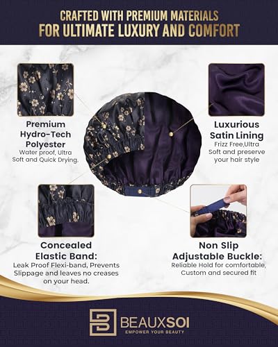 Luxury Reusable Shower Cap for Women - Satin Lined, Adjustable & Waterproof - Keeps Hair Dry- Durable Hair Bonnet by BEAUXSOI (Fleur de Nuit) - Floral design - color: Fleur de Nuit