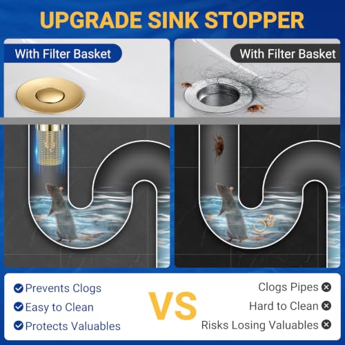 Bathroom Sink Drain Strainer, Pop-Up Bathroom Sink Stopper with Removable Stainless Steel Hair Catcher Basket, Universal Fit for US Bathroom Sinks, Showers & Floor Drains (2pcs-Gold) - color: 2pcs-gold