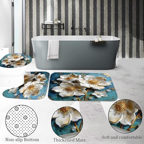 DDQQ 4Pcs White Flower Shower Curtain Sets Vintage White Floral on Blue Background Bathroom Sets, Shower Curtain with 12 Hooks Bathroom Decor with Rugs Bath Accessories with Mats Toilet Lid Cover - color: Peacock